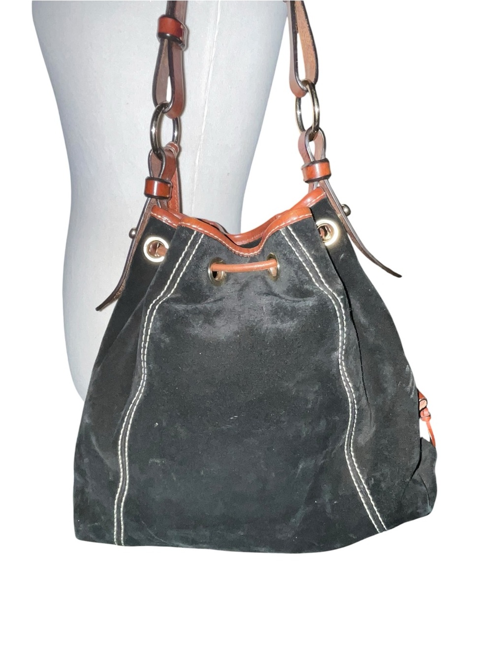 Vintage Dooney & Bourke Black Suede Drawstring Bucket Bag - Picture 6 of 16
